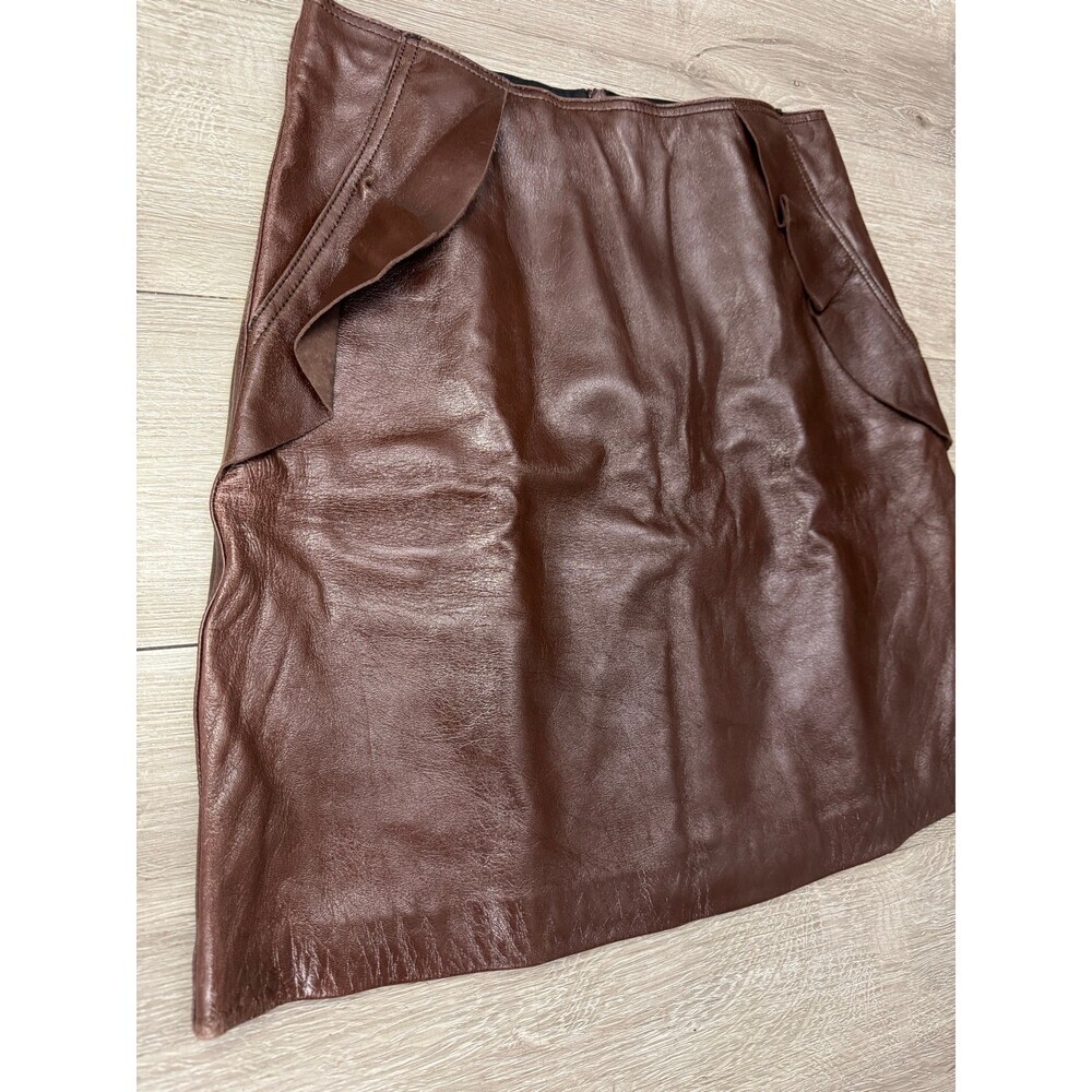 Brown Leather Mini Skirt High Waist Side Pockets Lined Size 1 - Picture 3 of 14
